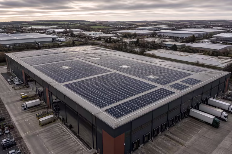 Solar panels across the roof of a commercial property